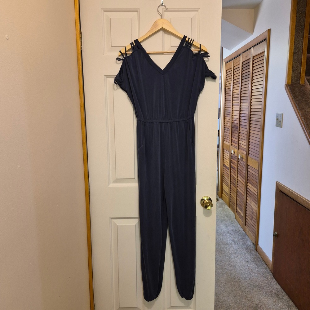 BKE Navy Blue Strappy Cold Shoulder V-Neck Jogger‎ Jumpsuit Womens XS